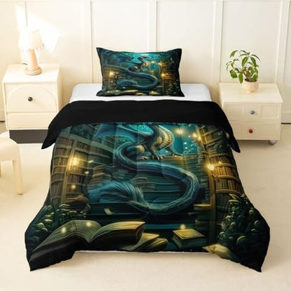 Feelyou Dragon Bedding Set Soft for Boys Girls, Magical Beast Comforter Set Twin Size Fantasy Animal Duvet Quilt Microfiber Wild Life Bedroom Decor Jungle Dragon 2 Pcs with 1 Pillow Cases