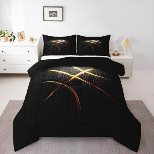 3D Basketball Comforter Set for Boys Kids Teens Ultra Soft Microfiber Black and Golden Quilted Duvet Sports Theme Basketball Bedding Sets King Size Balls Sports Gaming Duvet Insert,2 Pillowcases