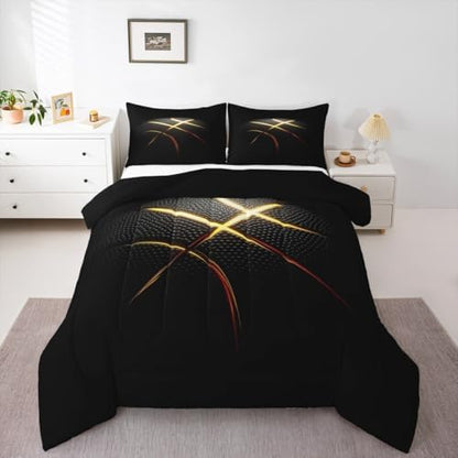 3D Basketball Comforter Sets for Boys Kids Teens Ultra Soft Microfiber Black and Golden Quilted Duvet Sports Theme Basketball Bedding Sets Queen Size Balls Sports Gaming Duvet Insert,2 Pillowcases