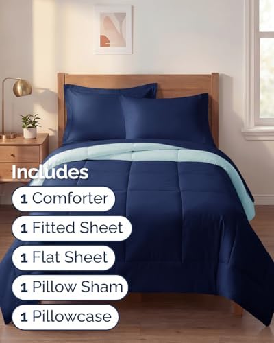 Twin XL Comforter Set - 5 Pc Reversible Bed in a Bag - Navy Blue/Sky Blue