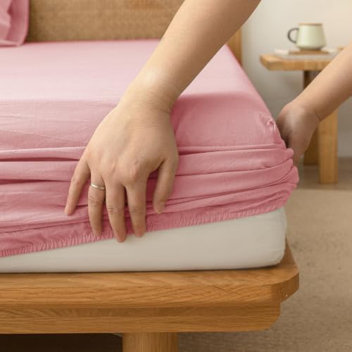 BESTOUCH Sheet Set 100% Washed Cotton Linen Feel Super Soft Comfortable Chic Lightweight 4 Pcs Home Bedding Set Solid Red Pink California King
