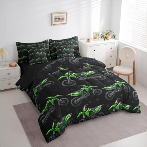 Erosebridal Boys Green Motocross King Comforter Set with Sheets, Dirt Bike Bed in A Bag, Racing Motocross 7 Pcs Bedding Set, Cool Motorcycle Black Bed Sets for Kids Teens Youth Men Bedroom Decor