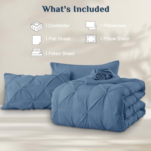 JOLLYVOGUE Twin XL Comforter Set 5 Pieces - Bed in a Bag Twin XL for All Season, Pintuck Bedding Comforter Sets with Comforter, Flat Sheet, Fitted Sheet and Pillowcases & Shams, Slate Blue