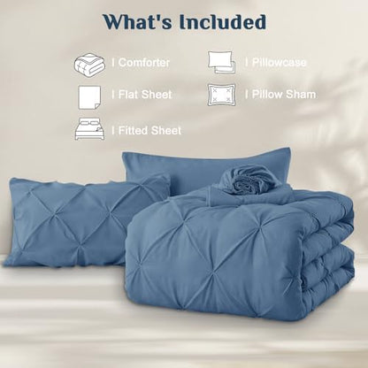 JOLLYVOGUE Twin Comforter Set 5 Pieces - Bed in a Bag Twin for All Season, Pintuck Bedding Comforter Sets with Comforter, Flat Sheet, Fitted Sheet and Pillowcases & Shams, Slate Blue