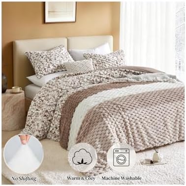 Petrichor Fluffy King Comforter Set - Taupe and White Striped Faux Fur Blanket for King Bed, Ultra-Soft Warm Bedding for Winter & Fall, Cozy 3 Piece Bed Set (1 Comforter & 2 Pillowcases)