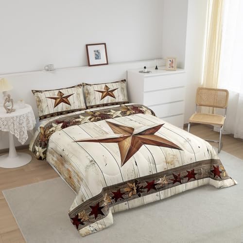 Manfei West Texas Star Comforter Set Queen Size, Rustic Farmhouse Quilt Set with 2 Pillowcases, Grey Wooden Plank Bedding Set 3pcs for Kids Boys Teens Room Decor, Lightweight Duvet Insert