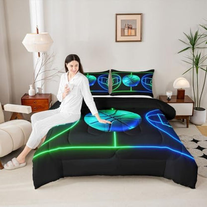 Basketball Comforter Set Twin,Sports Games Bedding Set 2Pcs for Kids Teens Boys Room Decor,Green Blue Neon Geometric Lines Basketball Court Pattern Duvet Insert with 1 Pillowcase, Black