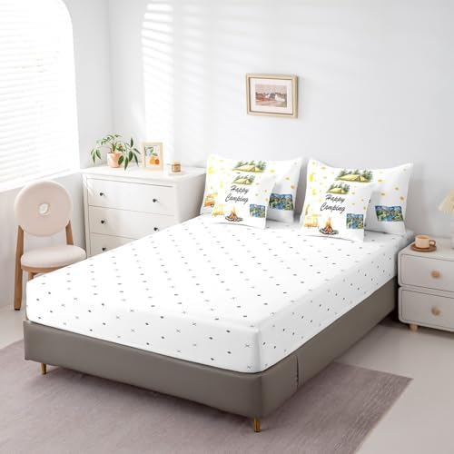 Erosebridal Happy Camping Bedding Set for Kids Teens,Camping Lovers Comforter Set Twin Size,Cartoon Moon Stars (Comforter+Fitted+Flat Sheet+2 Pillowcases+2 Throw Pillow Covers) 7 Pieces Bed Set