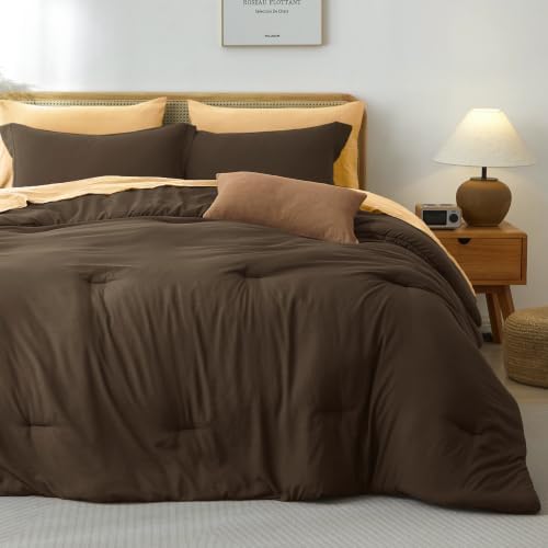 Prewashed Full Size Comforter Set 7 Pieces, Brown Bed Set