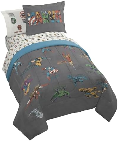 Marvel Comics Avengers Twin Comforter Set 5 Piece Bedding for Boys, Gray