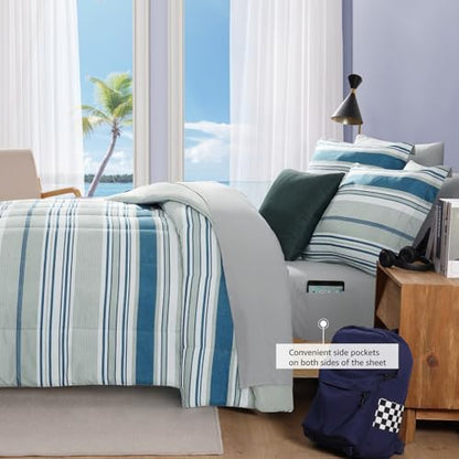 Full Size Comforter Set Coastal Striped Royal Blue 7 Pieces Bed in a Bag