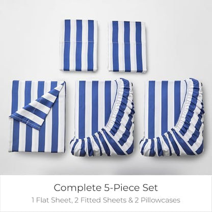 Mellanni Iconic 5-Piece Sheet Set (Split King, Oxford Stripe Blue Nova)