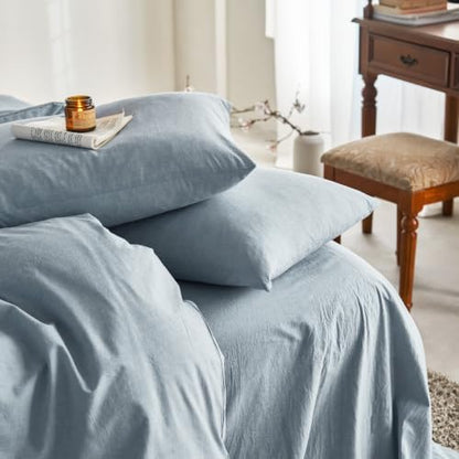 Wake In Cloud - Cotton Duvet Cover Set, 100% Washed Cotton, Linen Like Textured, Breathable Durable Comfy Farmhouse Neutral Bedding Set, 3 Pieces, Light Denim Blue, Queen Size