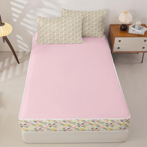 Feelyou Vintage Floral Queen Zipper Bedding for Boys, Flower 3-Piece-All-in-one Soft and Sturdy, Botanical Leaf Zip Up Bedding with Deep Fitted Sheet and 2 Pillowcases