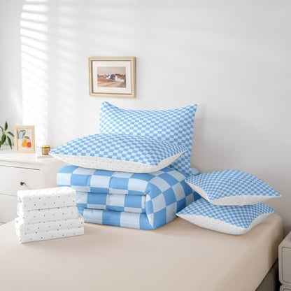 jejeloiu Blue Bedding Set 7Pcs Full Size Kids Buffalo Plaid Comforter Set with Sheets for Boys Girls Checkered Grid Bed in a Bag Soft Lightweight,Microfiber