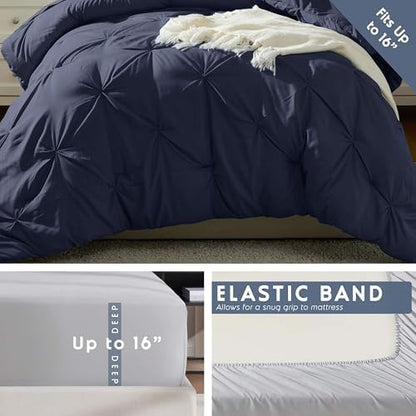 Nestl 7 Piece Twin XL Comforter Set – Navy Pinch Pleated Bed in a Bag – Complete Twin XL Size Bedding Set with Sheets, Set of 2 Cooling Pillows, Pillowcase and Sham