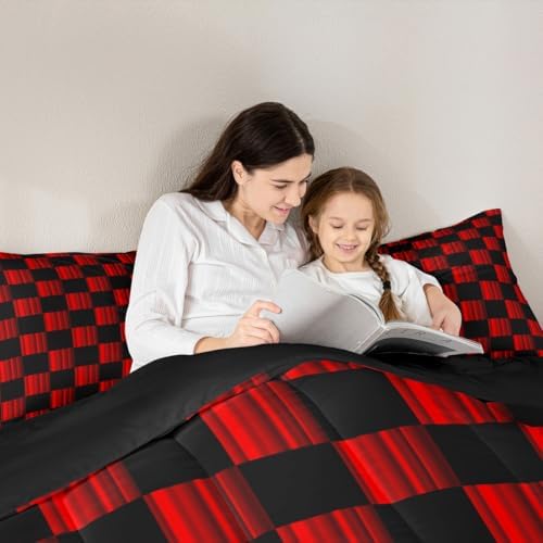 Feelyou Checkered Bedding Set for Boys Girls Abstract Ombre Comforter Set Toddler Size Modern Geometric Red Black Duvet Quilt Cute Neutral Aesthetic Plaid Bedroom Decor 2 Pcs with 1 Pillow Cases