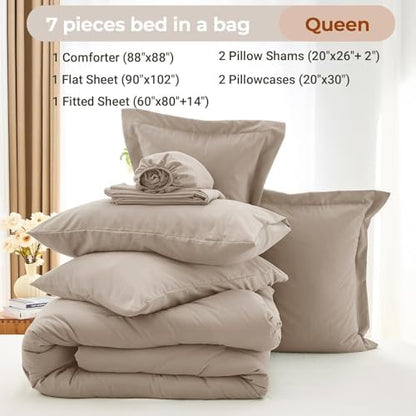 MUXHOMO 7 Pieces Queen Comforter Set, Soft Bed in a Bag Queen Size, All Season Bedding Set with Comforter, Flat Sheet, Fitted Sheet, Pillowcases & Shams, Linen