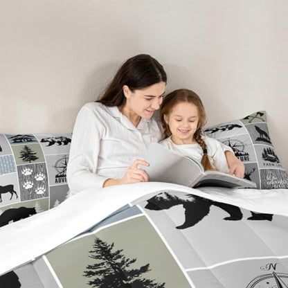 Rustic Farmhouse Cabin Kids Comforter Set Full Size,Deer Bear Hunting Adventure Bedding Set for Boys Girls Adults Room Decor,Geometric Plaids Down Comforter,Gray Green Duvet Insert,2 Pillowcases
