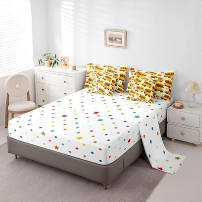 Erosebridal School Bus King Bed in A Bag for Kids, Cartoon Truck Comforter Set with Sheets for Boys Girls Teens Youth Bedroom Decor, School Theme 7 Pcs Bedding Set, Yellow Vehicle Bed Sets
