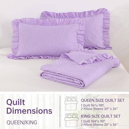 DJY Queen Quilt Set, Ruffled Bedding, Lavender Purple Bedspreads