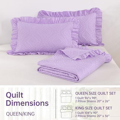 DJY Queen Quilt Set, Ruffled Bedding, Lavender Purple Bedspreads