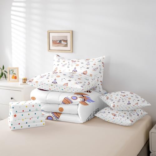 Erosebridal Kids Rocket 7 Pieces Bedding Set King Size,Cartoon Spaceship Bed in a Bag,Galaxy Themed Bed Set Includes Comforter,Sheet Set,Pillowcases & Pillow Covers,Planets Outer Space Bedroom Decor
