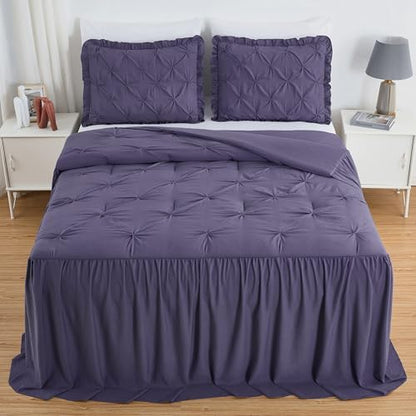 Chezmoi Collection Aria 3-Piece Pintuck Ruffle Skirt Bedspread Set - Lightweight Pinch Pleat Crinkled Texture Microfiber Bedding - French Country Chic Farmhouse - Full, Dusty Purple