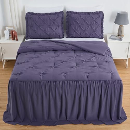Chezmoi Collection Aria 3-Piece Pintuck Ruffle Skirt Bedspread Set - Lightweight Pinch Pleat Crinkled Texture Microfiber Bedding - French Country Chic Farmhouse - California King, Dusty Purple