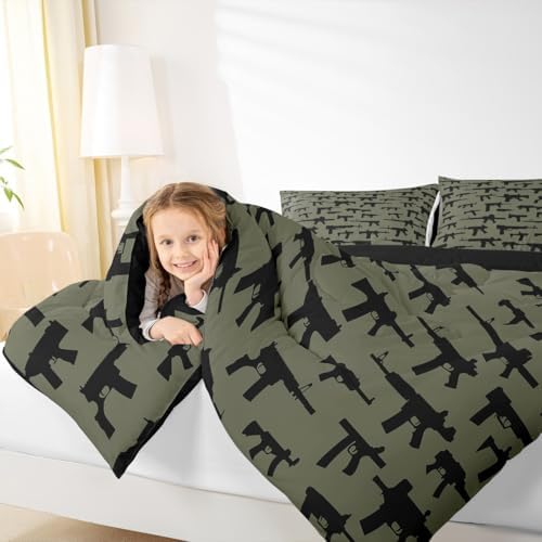 Erosebridal Machine Guns Comforter Set for Boys Youth Teens Men Full Size,Military Theme Bedding Set,Army Rifle Pattern Bedding Comforter,Soft Luxury Quilted Duvet Set Bedroom Decor Army Green 3 Pcs