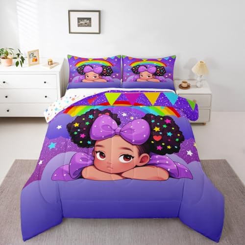 Black Princess Girl Comforter Set Twin Size,African Kids Teens American Bedding Set Glitter Starry Sky Rainbow Purple Quilted Duvet Cute Bedroom Decor Pretty Girl Magical Bedspread 2Pcs,1 Pillowcase