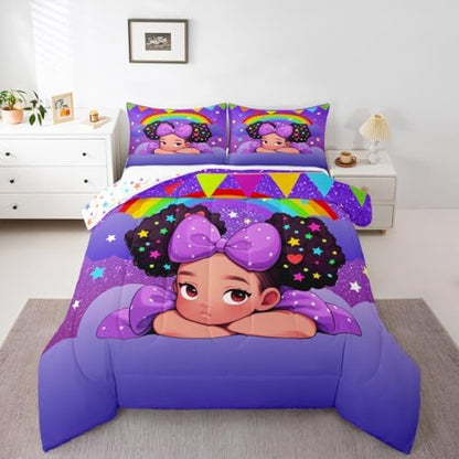 Black Princess Girl Comforter Set Twin Size,African Kids Teens American Bedding Set Glitter Starry Sky Rainbow Purple Quilted Duvet Cute Bedroom Decor Pretty Girl Magical Bedspread 2Pcs,1 Pillowcase