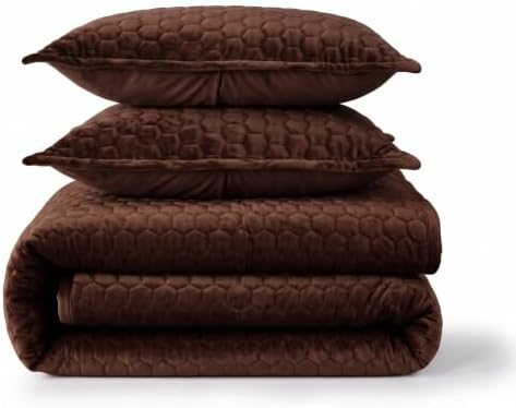 Tribeca Living Lugano Oversized Velvet Quilt Set - All Season, Extra Large, 3 Piece King Size Comforter Set with 2 Pillow Shams in Chocolate Honeycomb Pattern 260GSM