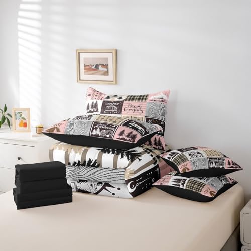 Erosebridal Girls Camping Twin Bed in A Bag 7 Piece,Pink Camper Kids Comforter Set with Sheets for Bunk,Rv Decor Bedding Comforter Sets for Travel Trailers Rustic Farmhouse Buffalo Plaid Bed Set