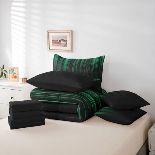 Feelyou Neon Green Black Comforter Set Queen Size 7 Pieces Geometric Bedding Set for Kids Boys Girls Ombre Bed in a Bag with Comforter, Sheets, Pillowcases, Cushion Covers Lightweight