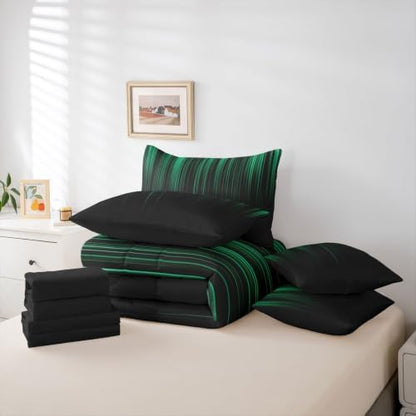 Feelyou Neon Green Black Comforter Set Queen Size 7 Pieces Geometric Bedding Set for Kids Boys Girls Ombre Bed in a Bag with Comforter, Sheets, Pillowcases, Cushion Covers Lightweight
