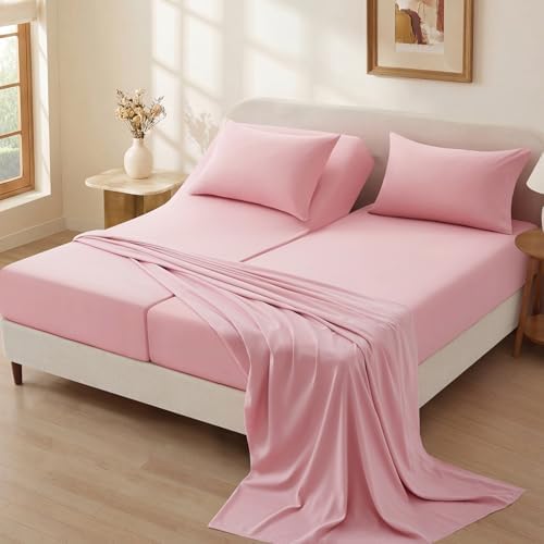 P Pothuiny 5-Piece Split King Sheets Set, Pink Soft Microfiber Fabric
