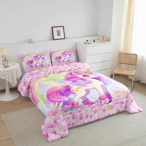 Cartoon Unicorn Kids Comforter Set Queen Size,Sakura Cherry Blossom Japanese Bedding Set,Girls Women Room Decor,Rainbow Unicorn Cute Down Comforter,Pink Purple Romantic Duvet Insert,2 Pillowcases