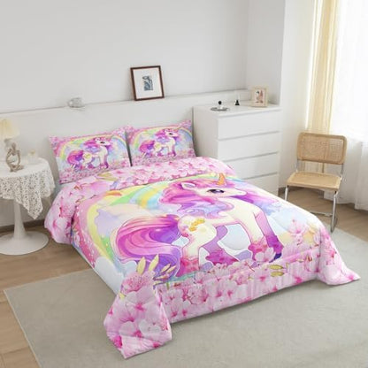 Cartoon Unicorn Kids Comforter Set Queen Size,Sakura Cherry Blossom Japanese Bedding Set,Girls Women Room Decor,Rainbow Unicorn Cute Down Comforter,Pink Purple Romantic Duvet Insert,2 Pillowcases