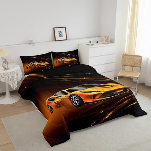 Feelyou Boys Yellow Race Car Bedding Set Toddle Size Speed Sports Car Comforter Set for Kids Teens Adult Fast and Furious Duvet Set Yellow Ombre Quilt Set 2Pcs