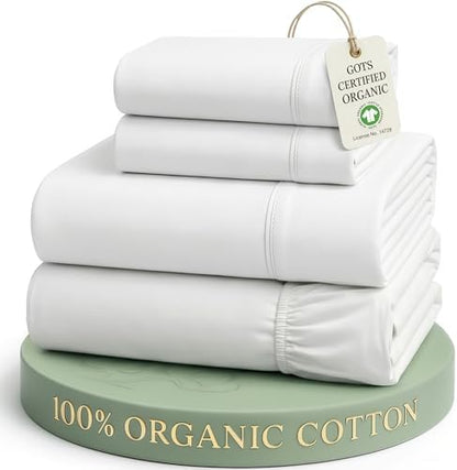 Lane Linen Full Size Sheets 100% Organic Cotton 4pc Percale Cooling - White.