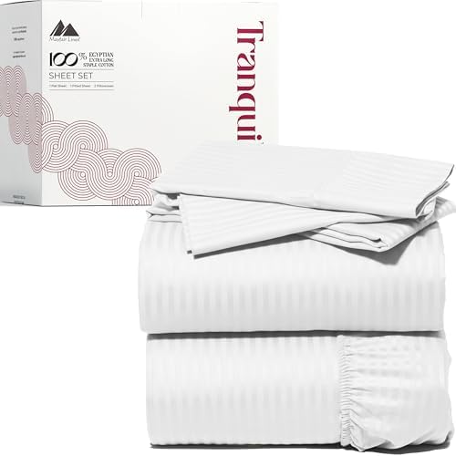 Mayfair Linen Egyptian Cotton Queen Sheets Set - Luxury 800 Series High Thread Count Queen Bed Sheet Set (White - Stripe, 4 PC), Soft Cooling 16" Deep Pocket Hotel Bed Sheet Set - Tranquil Collection