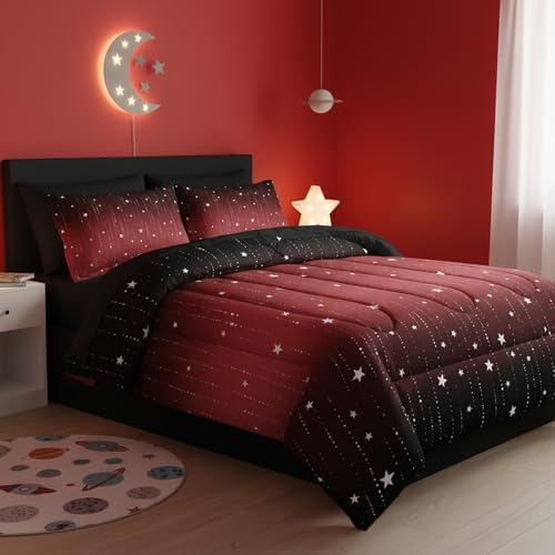 QOOMO Red Galaxy 7 Pieces Comforter Set Queen,Starry Sky Bedding Set