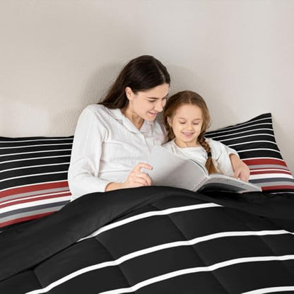 jejeloiu Black Red Gray Stripes Bedding Set Soft for Boys Girls, Geometric Comforter Set King Size Modern Duvet Quilt Microfiber Luxury Bedroom Decor 3 Pcs with 2 Pillow Cases