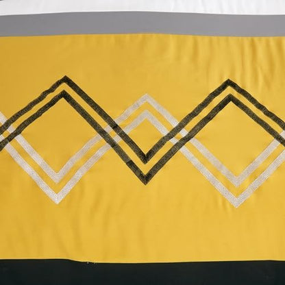 Chezmoi Collection Arden 7-Piece Modern Pleated Stripe Embroidered Zigzag Bedding Comforter Set (California King, Turmeric/Black/Silver Gray/White)