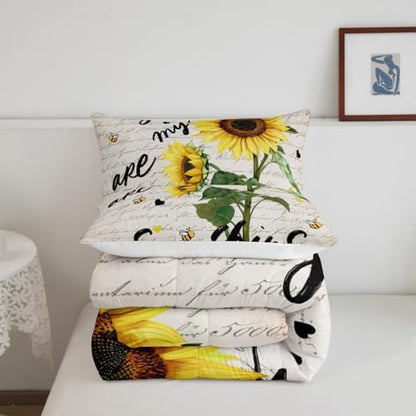 Castle Fairy Sunflower Comforter Set Queen Size,Rustic Farmhouse Bee Bedding 3pcs for Kids Teens Adults Home Room Decor,Black Sketch Sunshine Graffiti Quilt Nature Plants Animals Duvet Insert