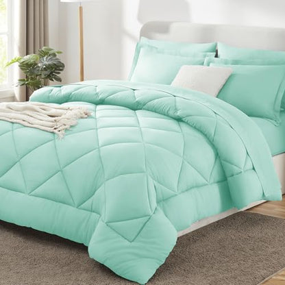 CozyLux Queen Comforter Set 88"x88" Mint Green - 7 Piece Bed in a Bag
