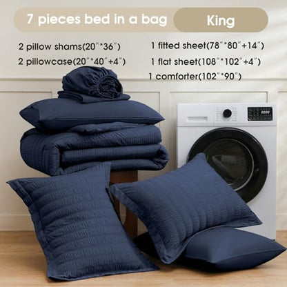 FreshCulture Comforter Set Seersucker 7 Pieces, All Season Bedding Set King, Bed in a Bag Comforter Set with 1 Comforter, 1 Flat Sheet, 1 Fitted Sheet, 2 Pillowcases and 2 Pillow Shams, Navy