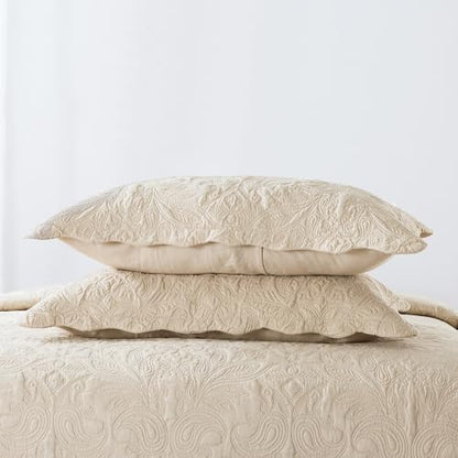 HoneiLife Quilt Set Queen Size - 3 Piece Embroidered Microfiber Bedspread Reversible Coverlet Lightweight Bedcover Paisley Pattern Bedding Set All Season Quilts-Khaki