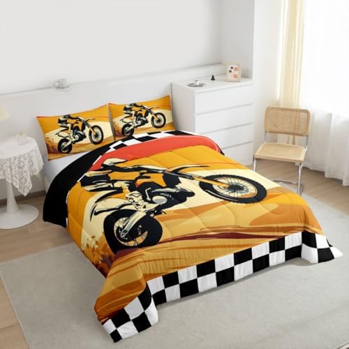 Feelyou Orange Motocross Rider Comforter Set Desert Dirt Bike Bedding Set with 2 Pillow Cases Sunset Track Design Full Checkered Flag Room Decor Off-Road Motorcycle Duvet Quilt Soft Lightweight
